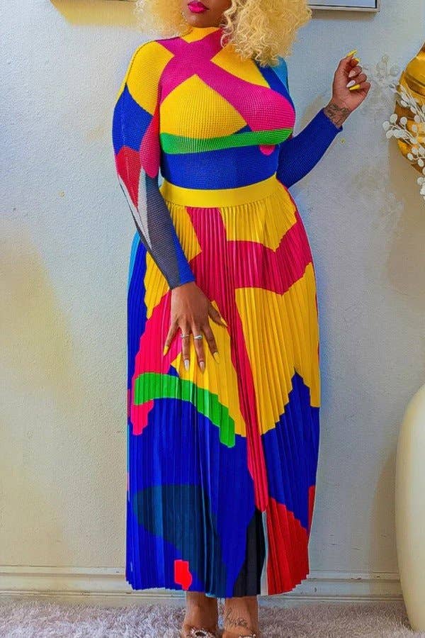 Aria Romance - Wholesale Top & Skirt Set - Women's - Pleated Print Two-Piece Set4