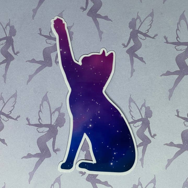 Galaxy Cat, animal sticker, weatherproof vinyl for wholesale by My Graphic Fairy Designs