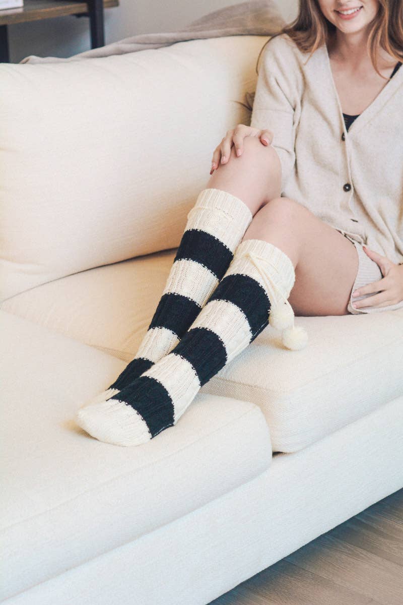 Leto Accessories - Wholesale Socks - Women's - Cozy Knee-High Striped Socks with Pom-Pom Accents1
