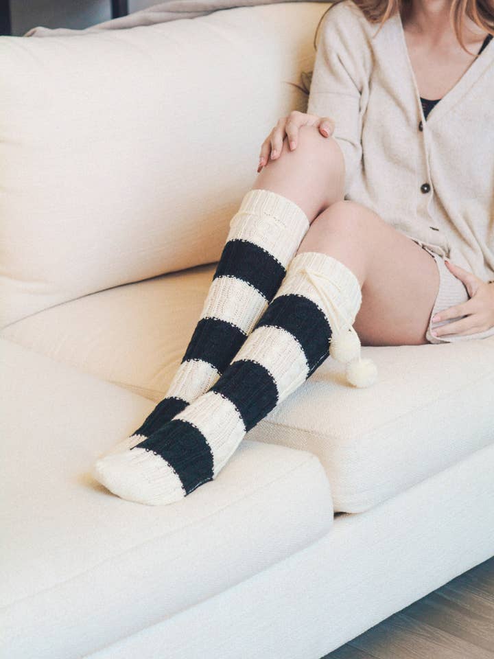 Leto Accessories - Wholesale Socks - Women's - Cozy Knee-High Striped Socks with Pom-Pom Accents1