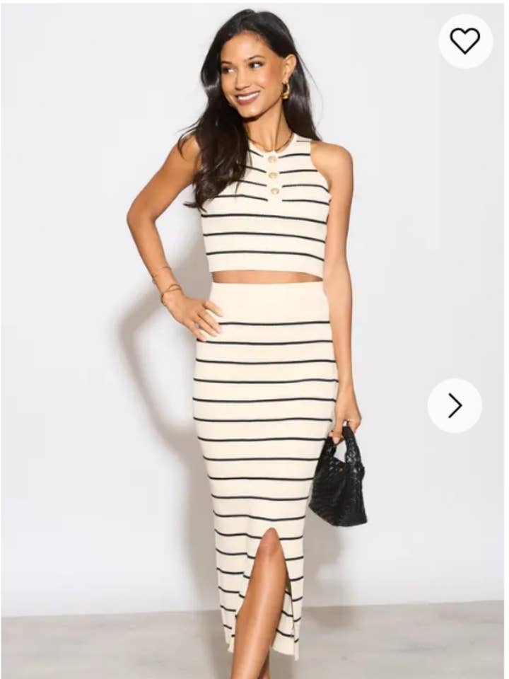 Knitted stripe print vest top and midi skirt co-ords set for wholesale by CY FASHION. LONDON