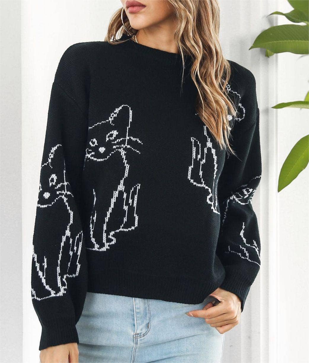 Rosa Clothing - Vente Pull en maille – femme - Pull jacquard tricoté à motif animaux chat3