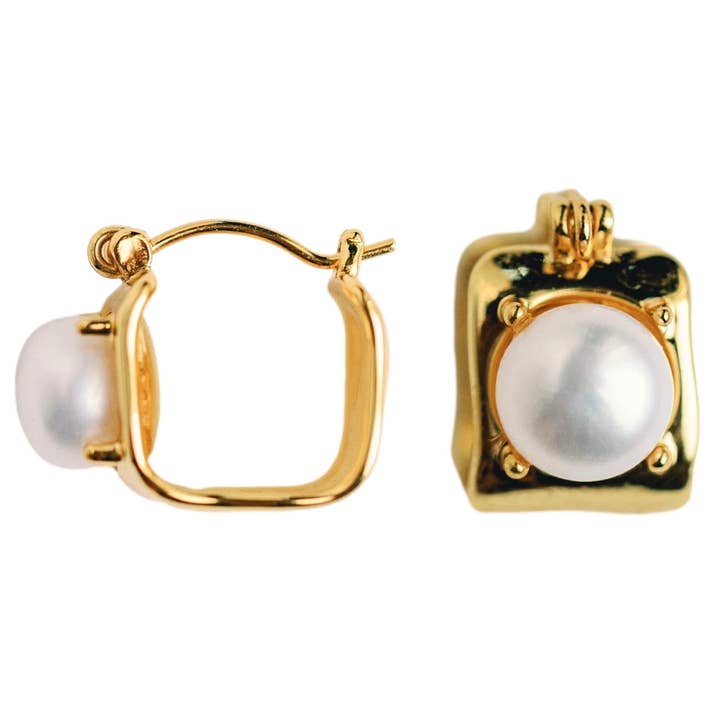 St Armands Designs of Sarasota - Wholesale Huggie Earrings - Vintage Mini Square Gold Pearl Huggie Hoop Earrings1