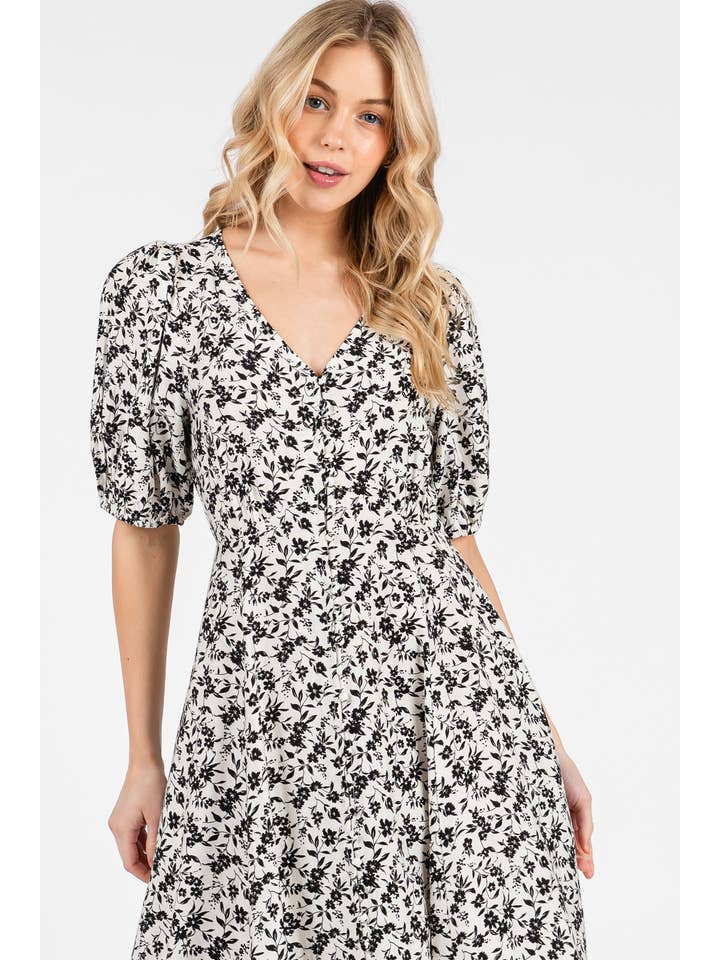 Calista - Wholesale Dress – Women's - SHORT SLEEVE SELF COVER BUTTON DETAIL MIDI DRESS - VD60694