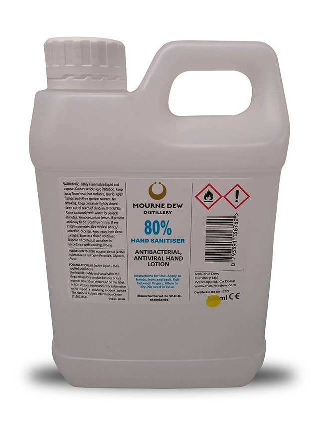Mourne Dew 80% Liquid Hand Sanitizer 1L for wholesale by mourne dew distillery