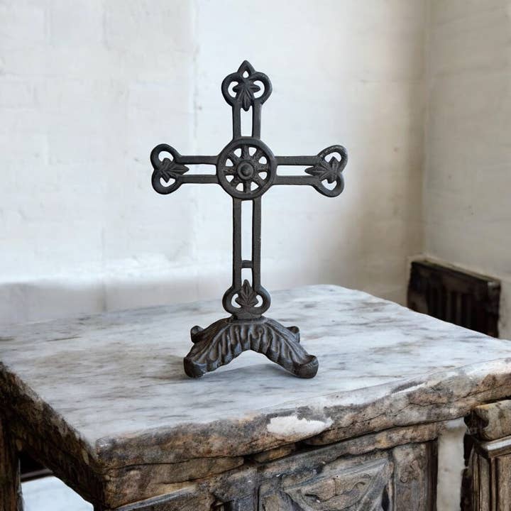 Wilco Home - Wholesale Wall Cross - Cast Iron Filigree Table Cross on Rectangular Pedestal Base
