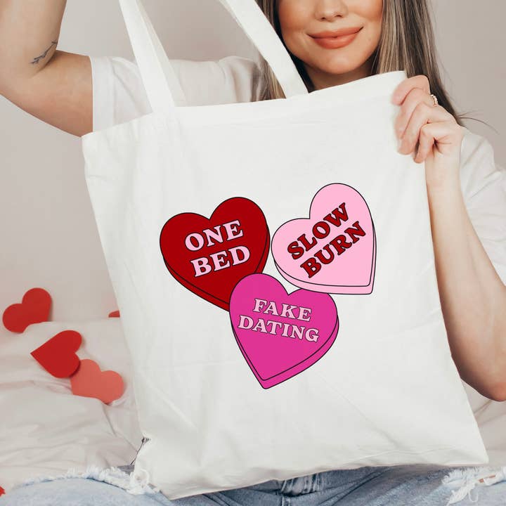 Reader Candy Hearts Canvas Tote Bag for wholesale by The Swoon Room