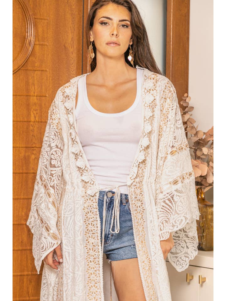 crema Cárdigan playero de encaje bordado tipo kimono. de venta al por mayor en Faire