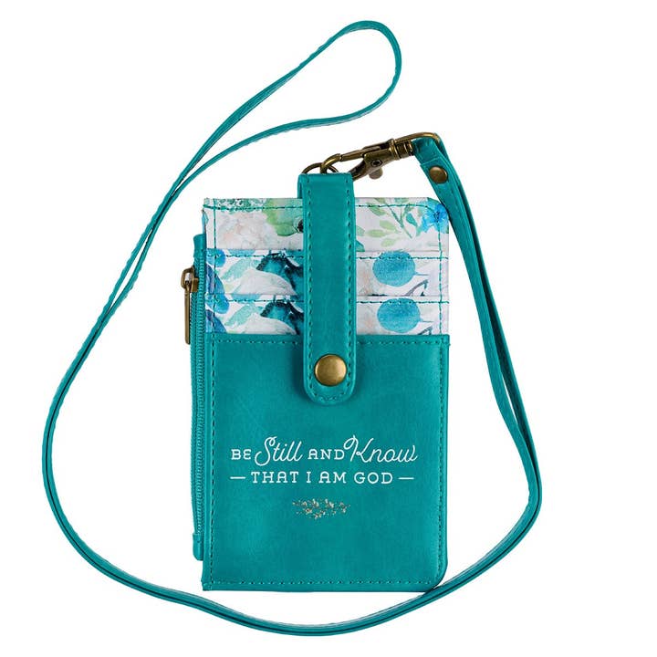 Christian Art Gifts - Wholesale Card Holder - Women's - ID Card Holder Teal/White Floral Printed Be Still & Know