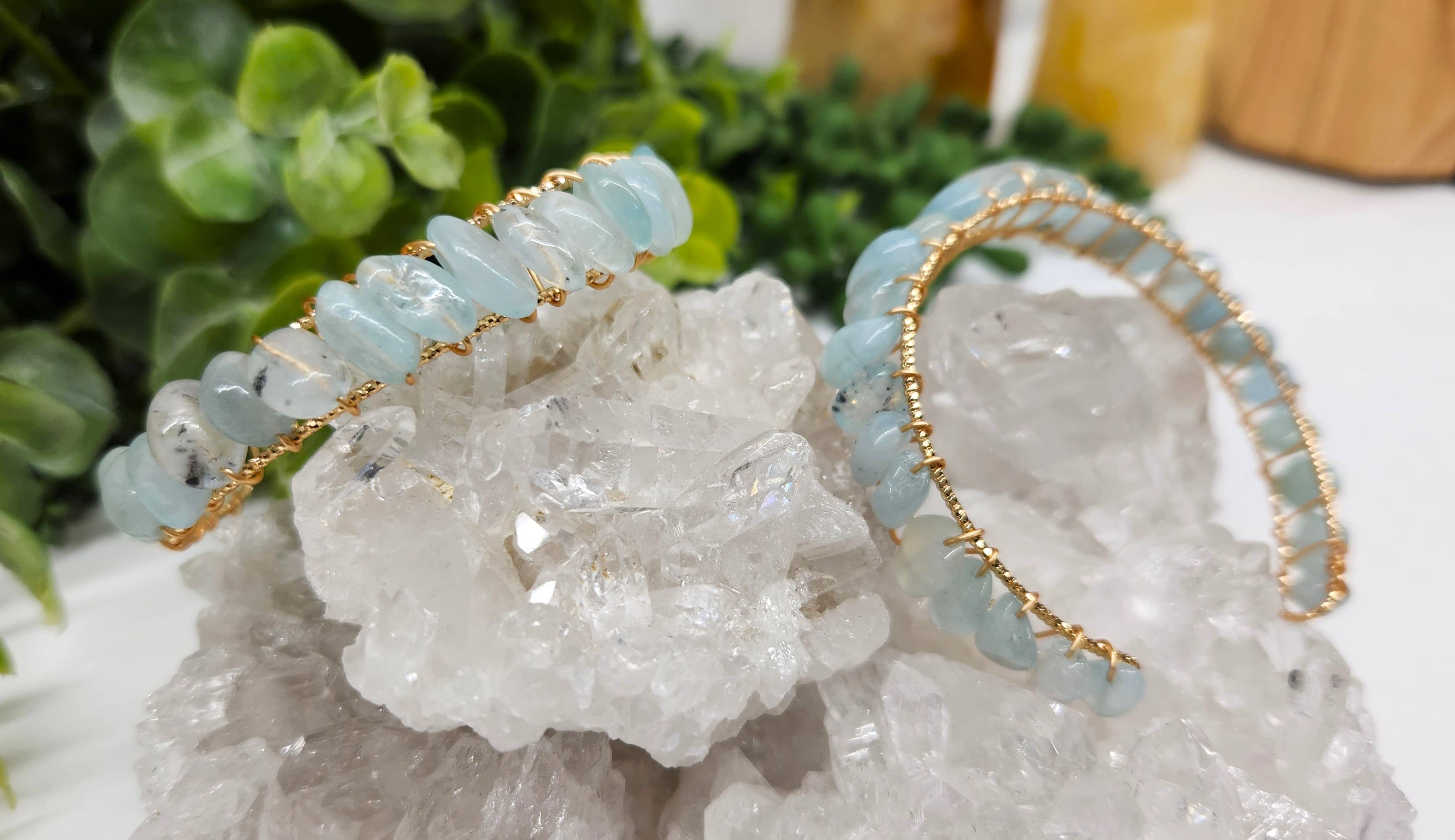 Meraki Gemstones - Wholesale Cuff Bracelet - Aquamarine Bangle/Cuff Wire Wrapped  -18kt. Gold Overlay7