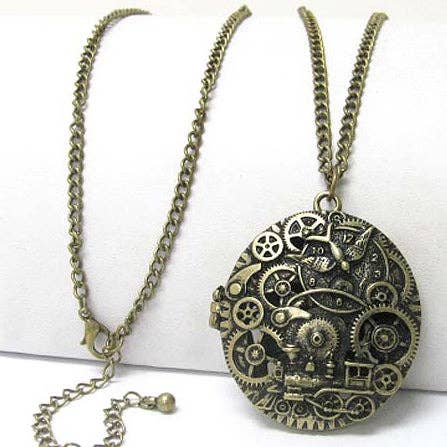Silver Insanity - Wholesale Locket Necklace - Steampunk Gears Train Scent Locket Pendant 30" Necklace