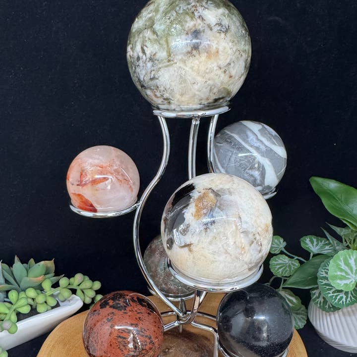 7 pc Mica Black tourmaline jasper sphere w/ stand G757 for wholesale by The 7 Directions