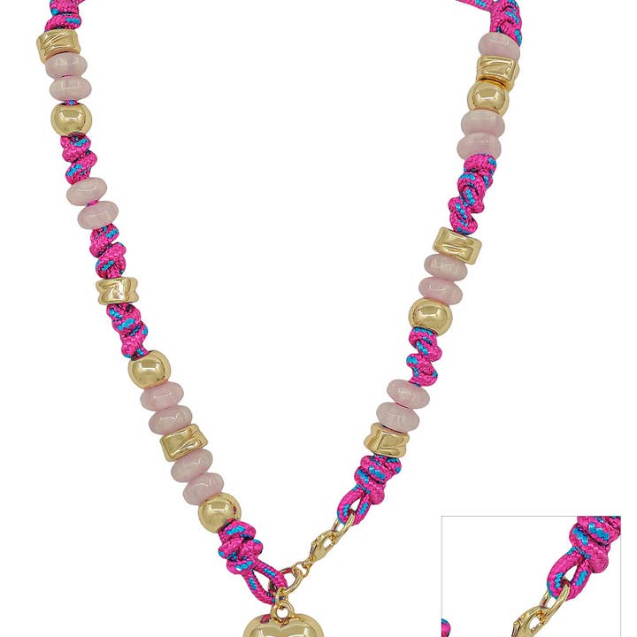 Hot Pink Threaded with Natural and Gold Beads with Puffy Heart Charm 16"-18" Necklace for wholesale by What's Hot