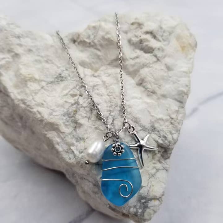 The Pretty Jewellery - Wholesale Pendant/Charm Necklace - Blue Sea Glass Beach Strand Necklace