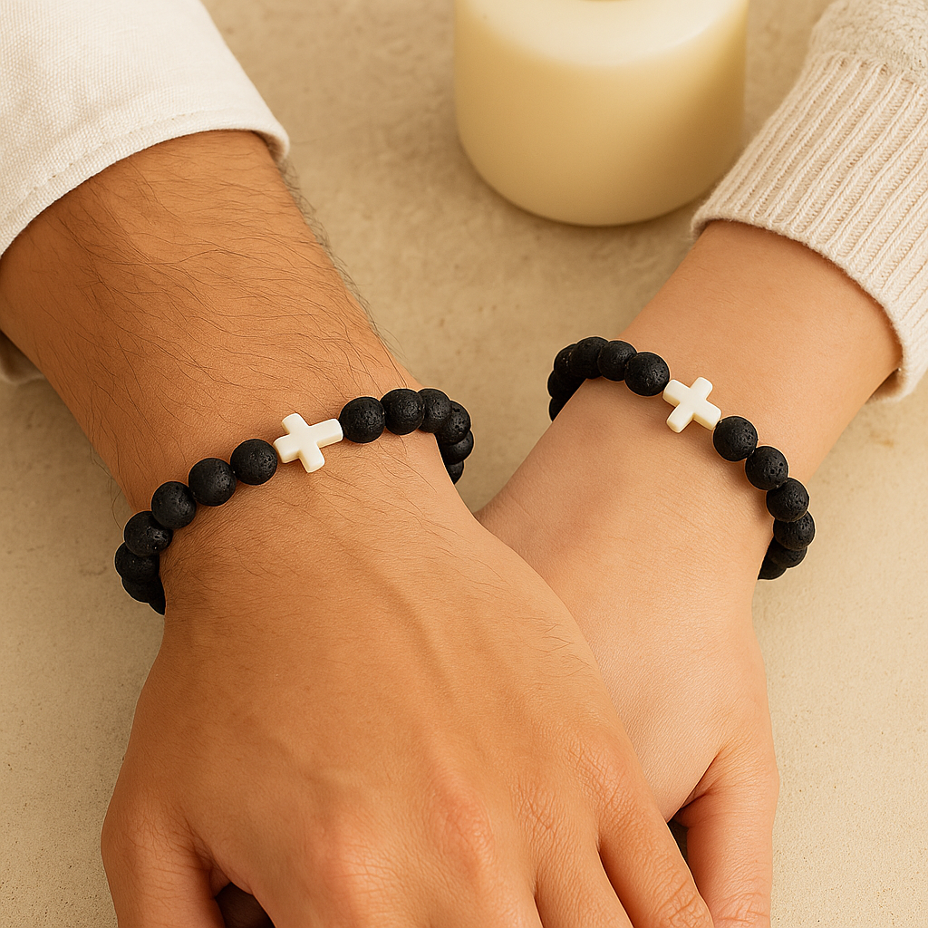 Gemscape UK - Wholesale Beaded Bracelet - Lava Rock & Black Onyx Beaded Bracelet with Cross – Healing 5