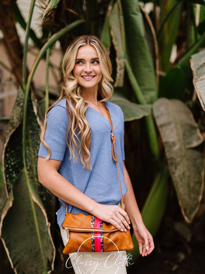 Penelope Foldover Crossbody Clutch - Tan w/ Camo Pink Stripe RTS for wholesale by The Classy Cloth WS