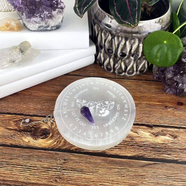 Rock Paradise - Wholesale Spiritual Stone/Crystal - Selenite Crystal Charging Plate with Moth Pendulum Board4