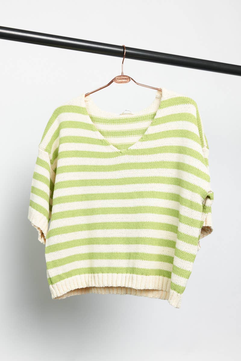 Newbury Kustom - Wholesale Knit Top - Women's - 11300-Striped Short Sleeve V-Neck Knit Top5