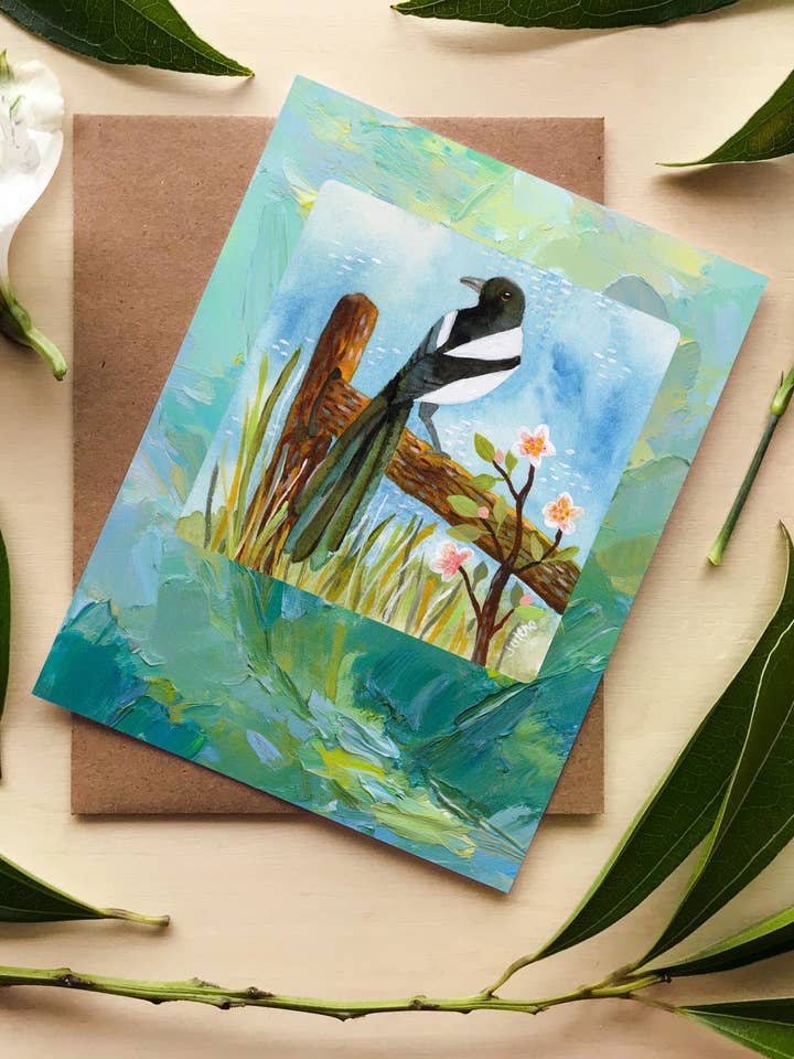 Magpie greeting card for wholesale by Julene Ewert