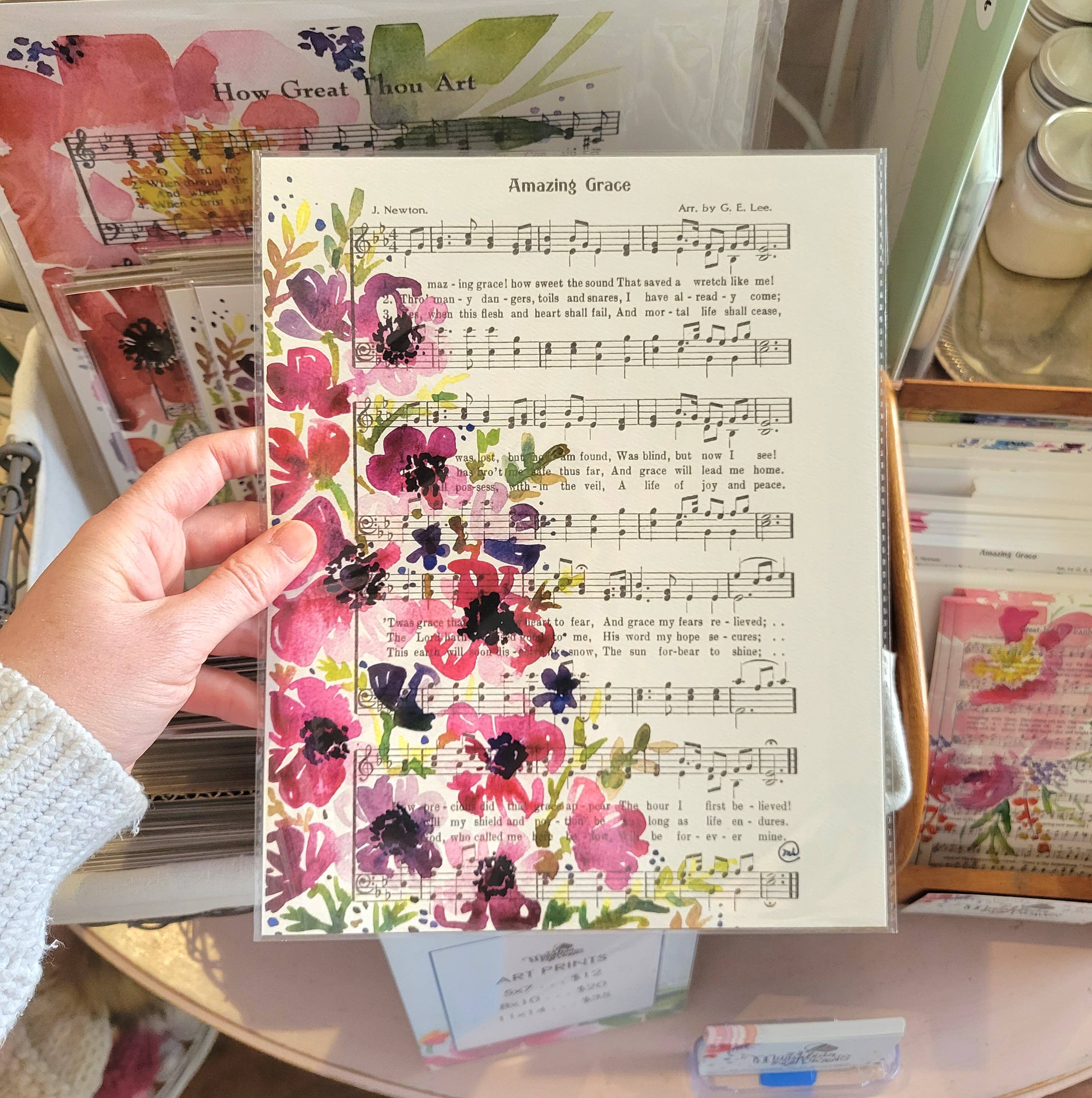 Marydean Draws - Wholesale Art Print - “Amazing Grace” Pink Floral Hymn Print, 8×10 + 11×142