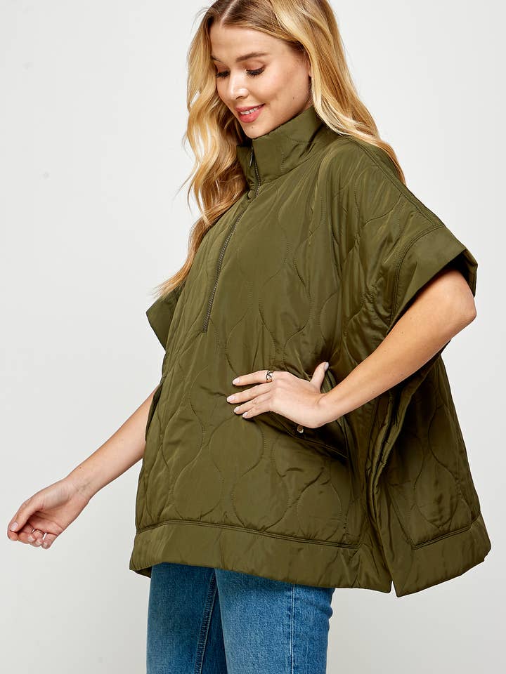Ellison - Wholesale Poncho - Women's - KJ-1379-6 OVERSIZED QUILTED PONCHO OLIVE