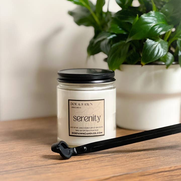 SERENITY / 8 oz. clear jar w/ black lid for wholesale by Doe & Fawn Candles and Co.