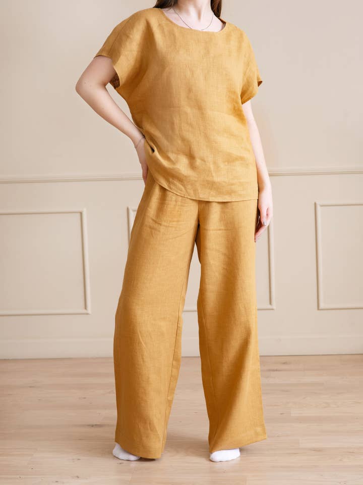 Set pigiama in lino con pantaloni con coulisse per la vendita all'ingrosso da parte di LinenQ