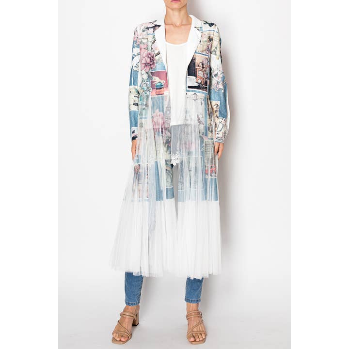 Chic kontrast lang blazerjakke med mesh tyl panel - 4773IV PARIS for engroshandel hos Origami Apparel ~ Lace and Crochet inspired