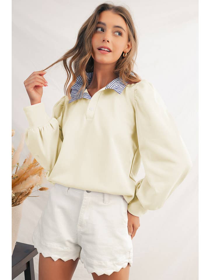 Aapparella - Wholesale Sweatshirt - Women's - Button Striped Collar Puff Sleeve Sweatshirt | S-XL 11