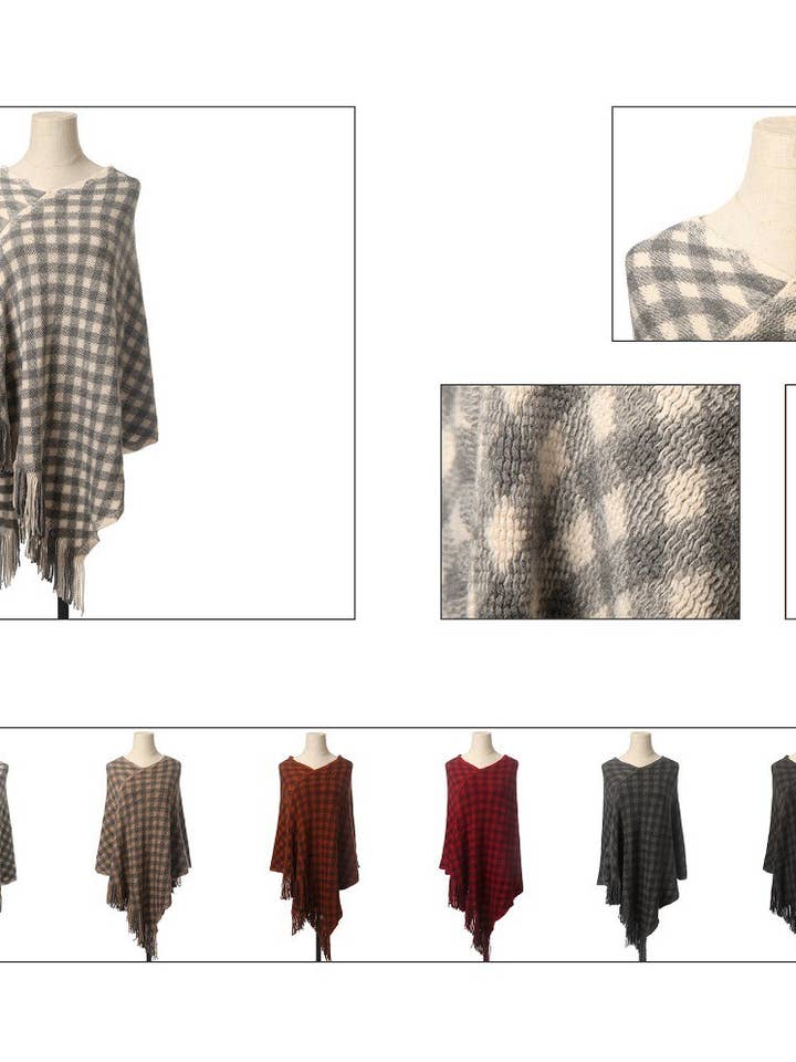 Cap Zone - Wholesale Poncho - Women's - Gingham V-Neck Throw Over Poncho10