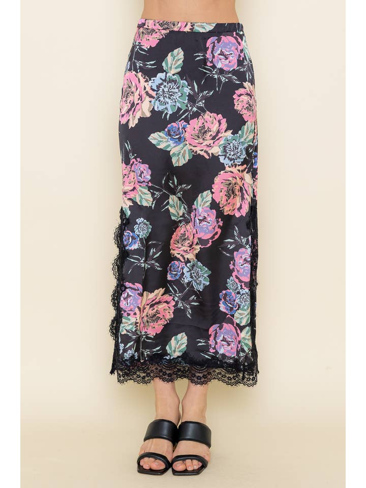 BLACK MULTI CHIC HIGH WAISTED FLORAL LACE SIDE SLIT MAXI SKIRT-SC4217FO for wholesale on Faire