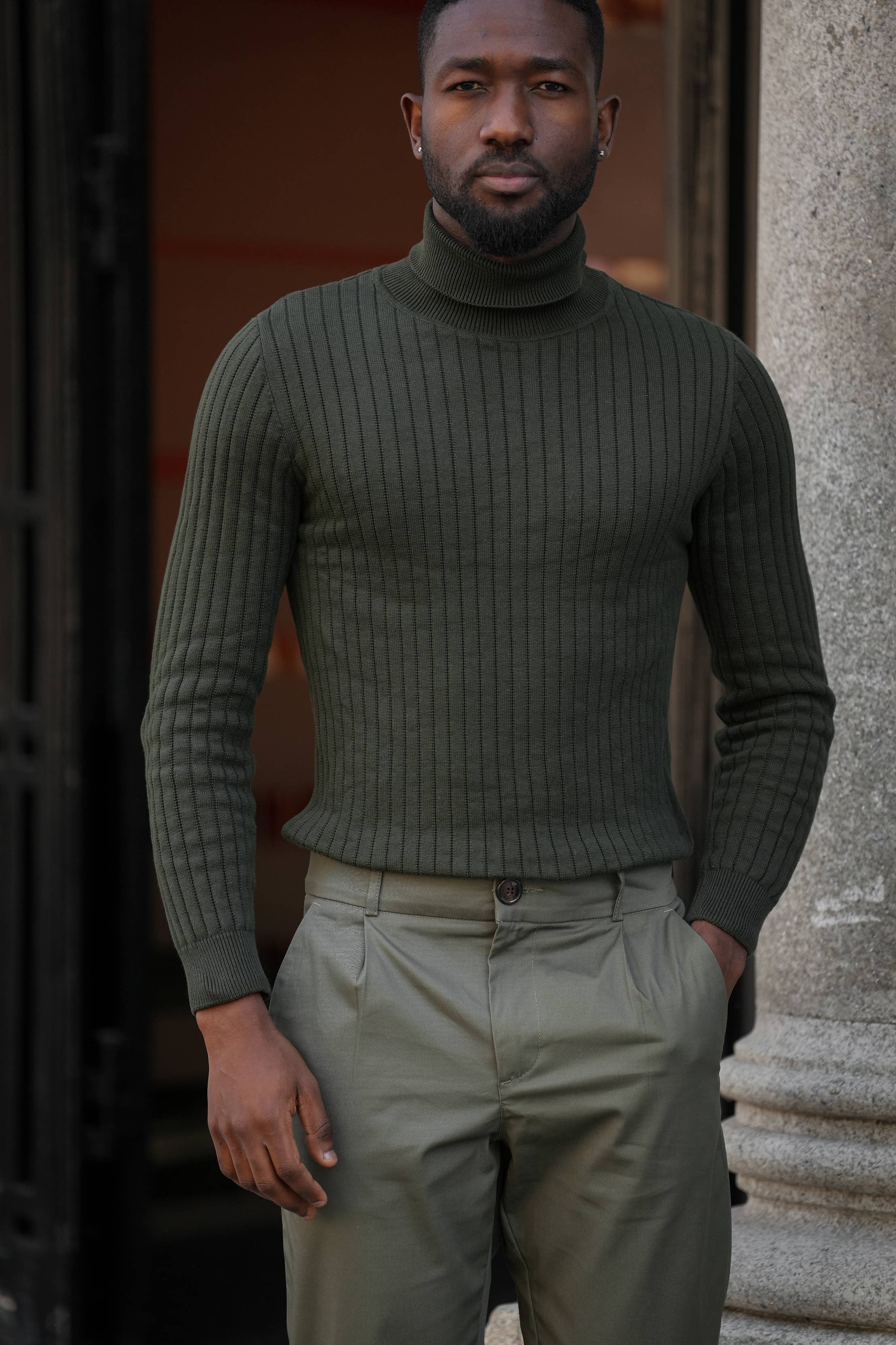 DONATO - Wholesale Knit Sweater - Men's - Green Ribbed High Neck1