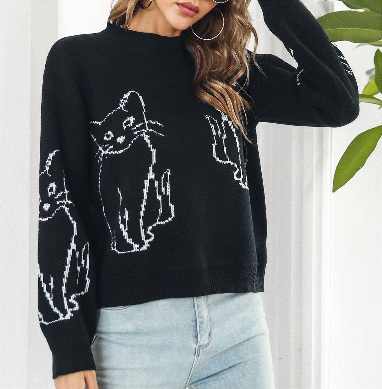 Rosa Clothing - Vente Pull en maille – femme - Pull jacquard tricoté à motif animaux chat11