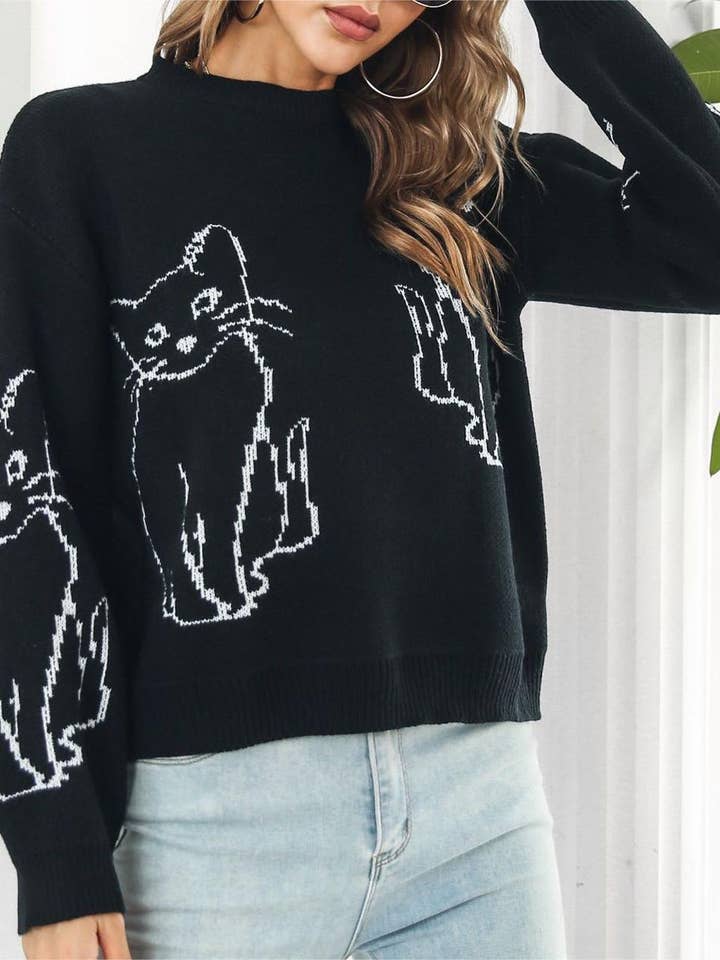 Rosa Clothing - Wholesale Knit Sweater - Women's - Animals cat jacquard jumper knitted sweater11