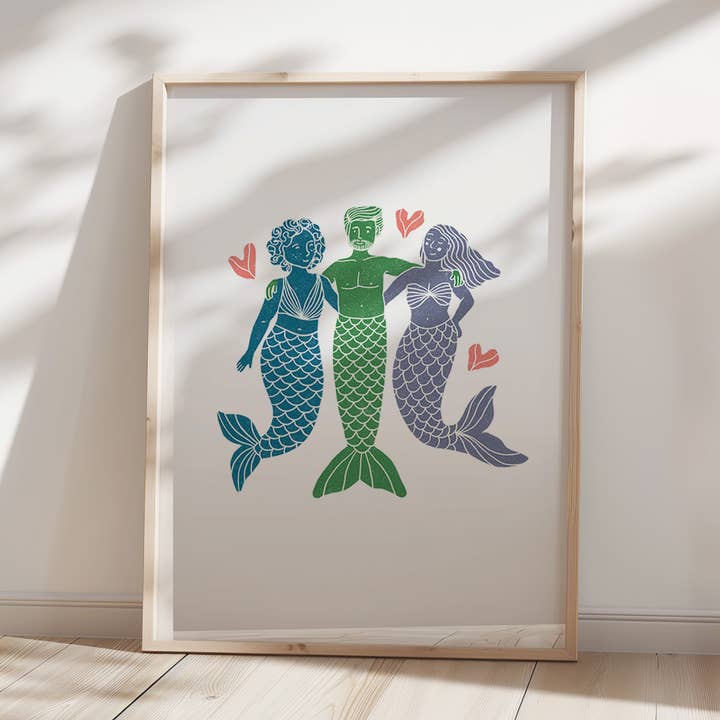 Lino Style Mer Friends Illustrated A4 Art Print for wholesale by Salty Siren Studios