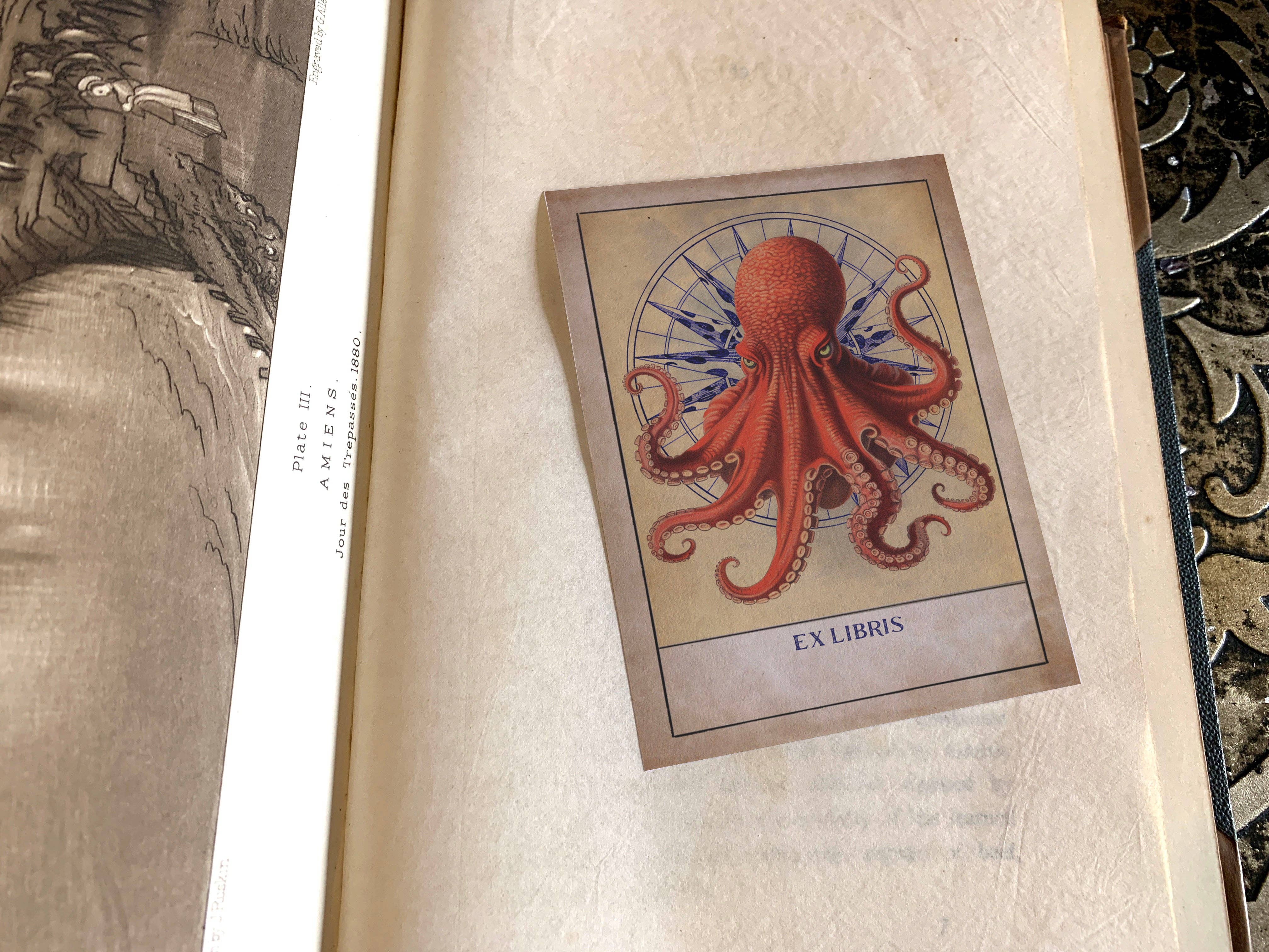 Ebon et Noir LLC - Wholesale Book Plate - Red Octopus, Gummed Paper Ex-Libris Bookplates1