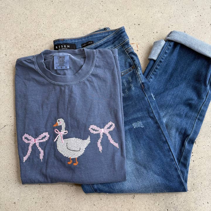 Cottagecore coquette goose cross stitch tshirt. for wholesale by Basil & Burch