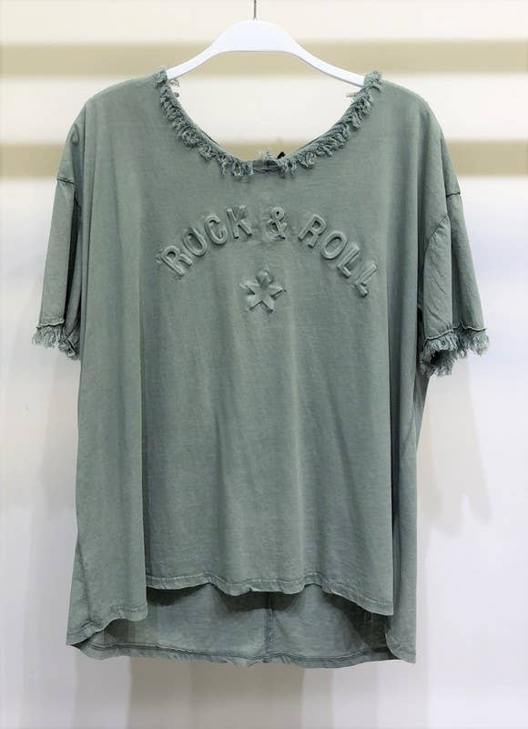 VENTI6 - Wholesale T-Shirt - Women's - EMBOSSED FRINGE NECKLINE SHORT SLEEVE TOP (Z760B-ROCK&ROLL)4