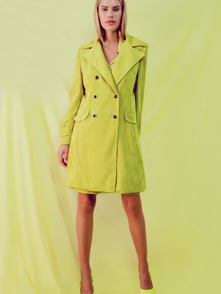 Green Longline blazer with vintage buttons in lime cord for wholesale on Faire1