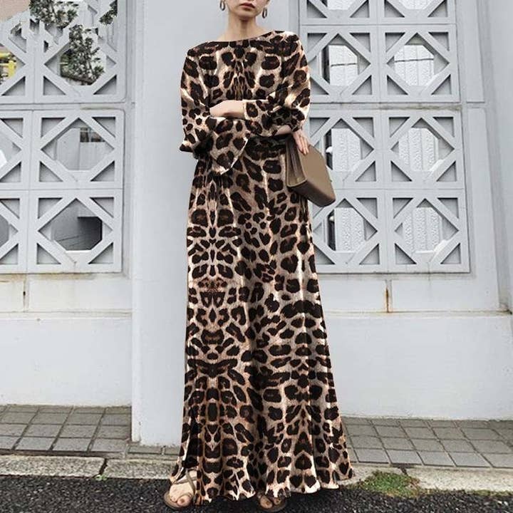 Plush Looks – wholesale Dress – Women's – Leopard Print Long Sleeve Maxi Dress3