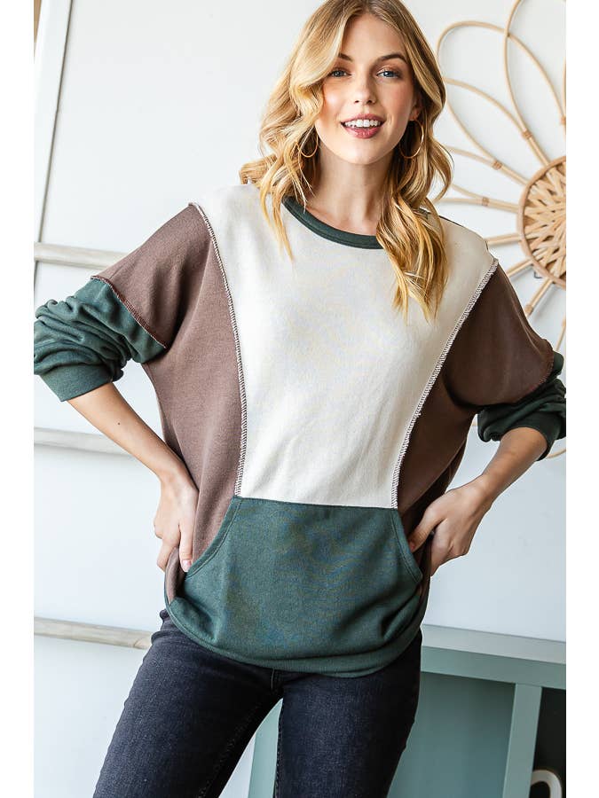 7th Ray - Wholesale Knit Top - Women's - Color Block Front Pocket Oversized Long Sleeve Top T534510