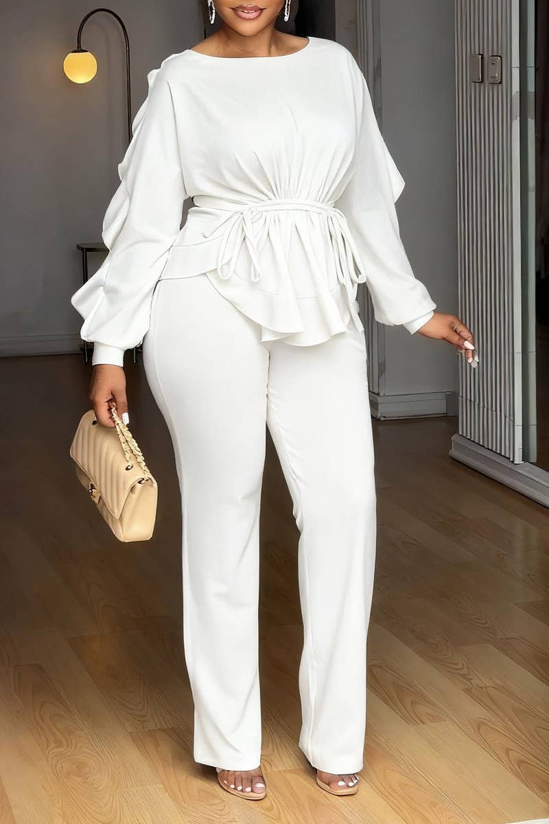 NINEXIS - Wholesale Top & Pant Set (NOT Loungewear) - Women's - CWSTB00491_2025 ELEGANT RUFFLE DRAWSTRING TOP AND PANTS SET1