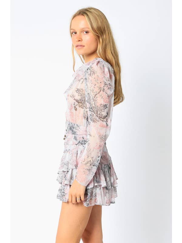 Charcoal Powder Pink Toile Print Ruffle Dress for wholesale on Faire1