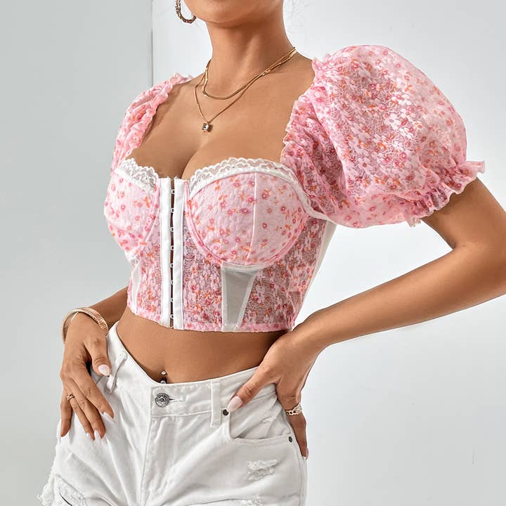 HIDDENBRAND - Wholesale Blouse - Women's - Mesh puff sleeves milkmaid crop top