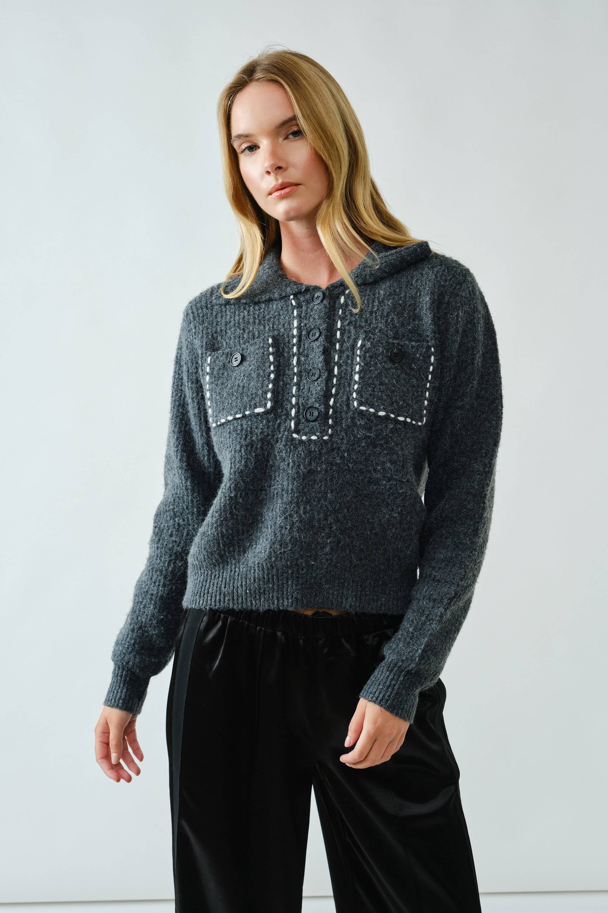 Aaron & Amber - Wholesale Knit Sweater - Women's - AJT5389 STITCH DETAIL COLLAR PULLOVER SWEATER0