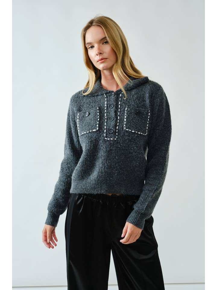 Aaron & Amber - Wholesale Knit Sweater - Women's - AJT5389 STITCH DETAIL COLLAR PULLOVER SWEATER