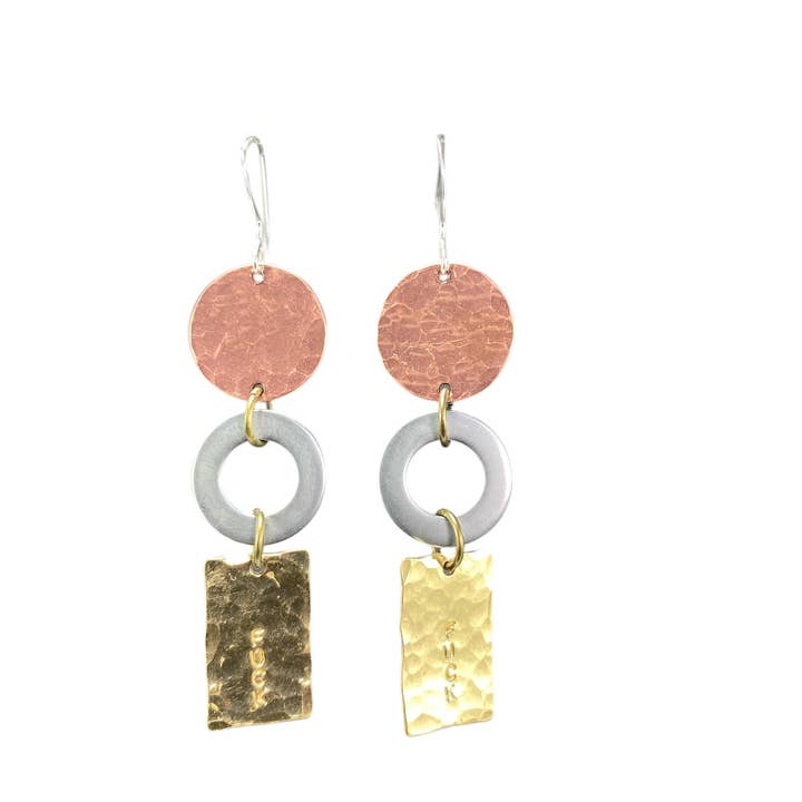 Fuck Earring Brass Rectangle Stainless Washer Hammered Coppe for wholesale by David Stepan