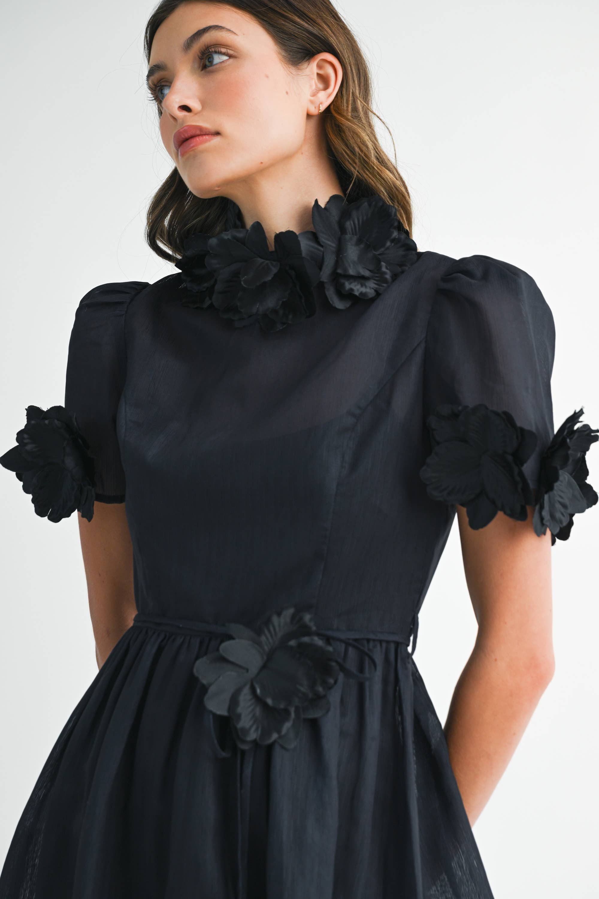 EB LUXE - Wholesale Dress - Women's - RD0026 3D Floral High Neck Short sleeve Midi Dress9