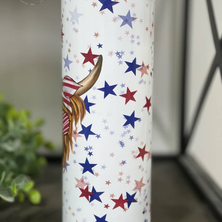 CMD Wholesale - Wholesale Insulated Mug/Tumbler - Stars & Stripes Highland Cow 20oz Skinny Tumbler
