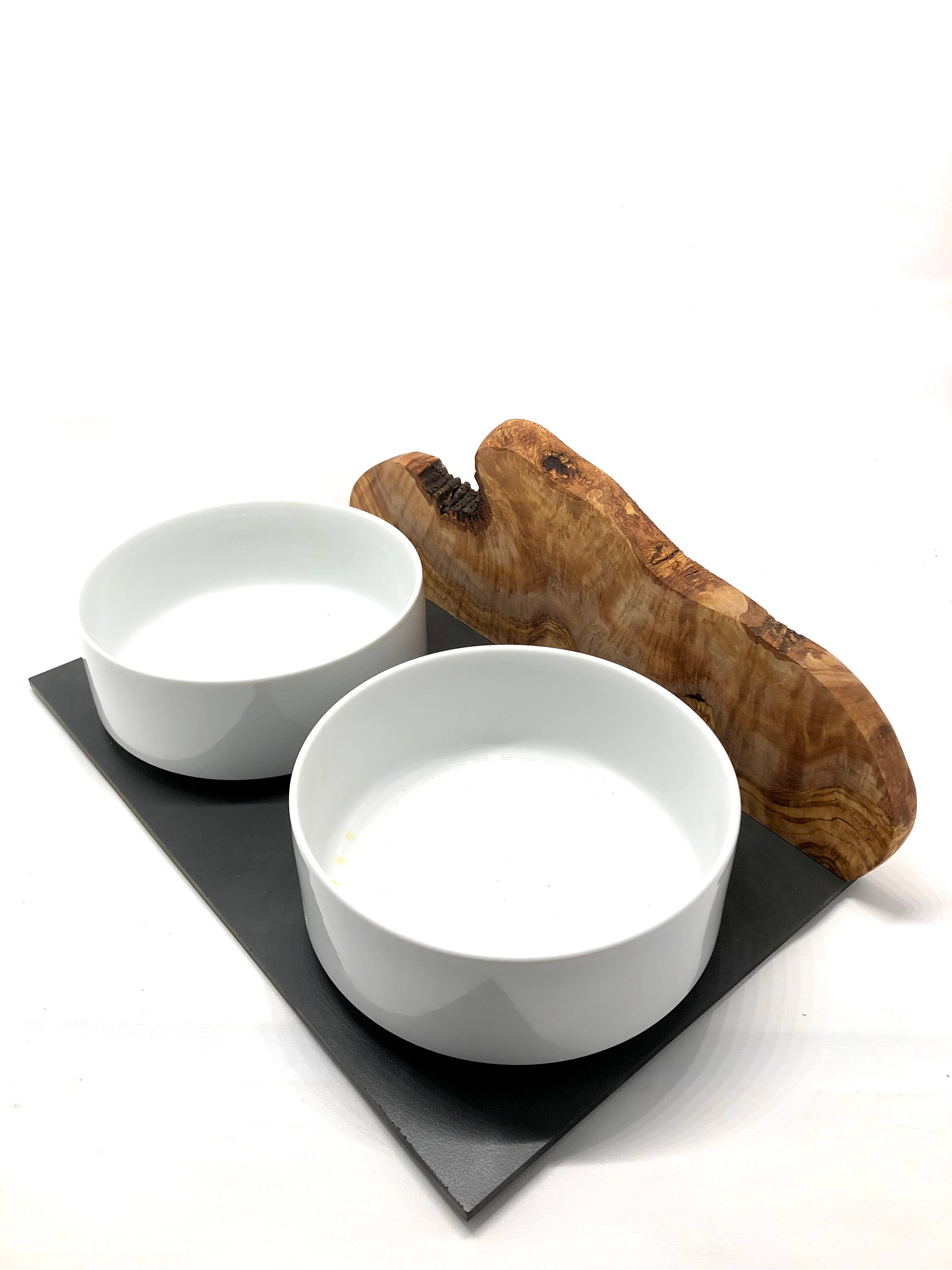 olivenholz-erleben - Venta al por mayor Comedero - Gatos y perros - Estación de alimentación MOUNTAIN con 2 cuencos de porcelana de 1,5 litros y madera de oliva5